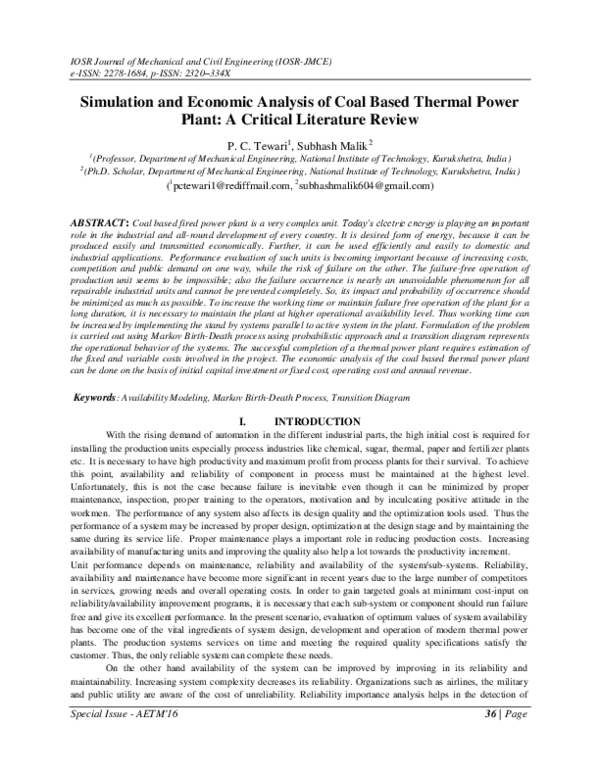 (PDF) Simulation and Economic Analysis of Coal Based Thermal Power ...