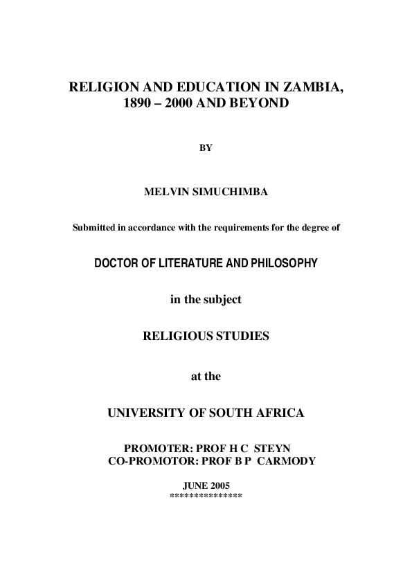 (PDF) Religion and education in Zambia, 18902000 and beyond Melvin Simuchimba Academia.edu