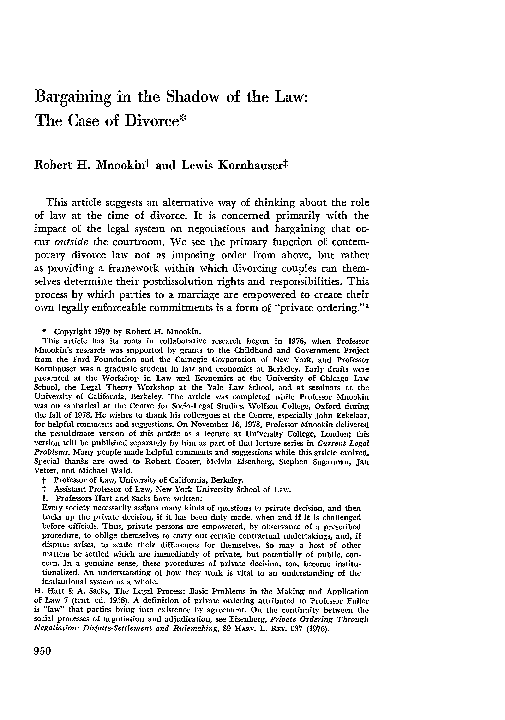 (PDF) Bargaining in the Shadow of the Law: The Case of Divorce