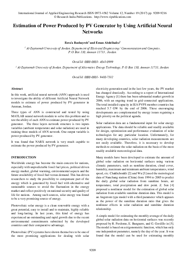(PDF) Estimation of Power Produced by PV Generator by Using Artificial ...
