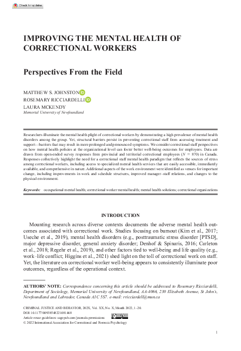 (PDF) Improving the Mental Health of Correctional Workers: Perspectives ...