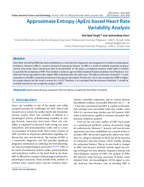 (PDF) Approximate Entropy (ApEn) based Heart Rate Variability Analysis