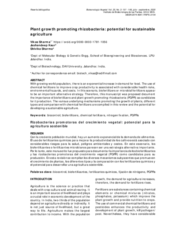 (PDF) Plant growth promoting rhizobacteria: potential for sustainable ...
