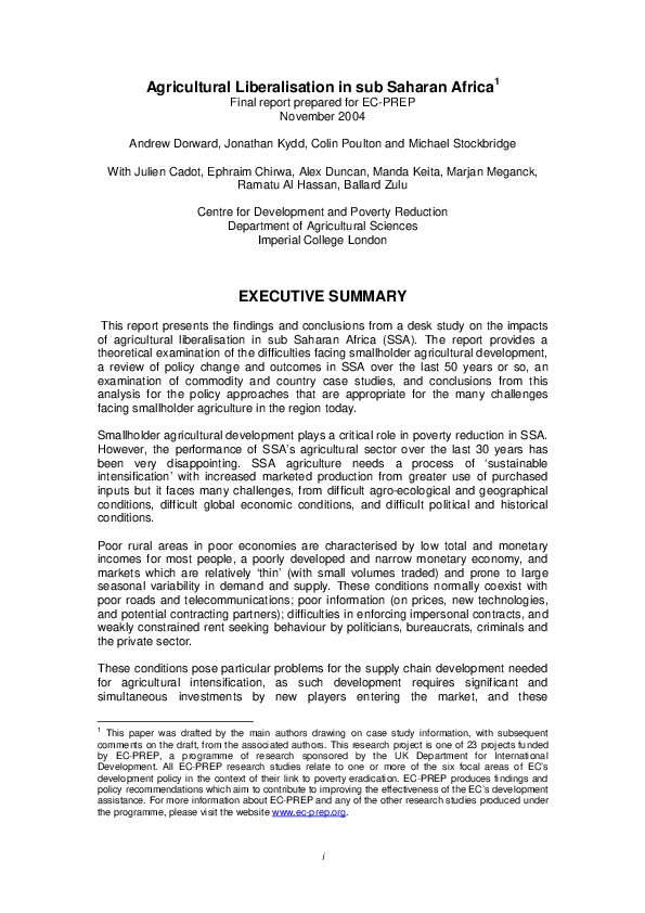 (PDF) Agricultural Liberalisation in sub Saharan Africa 1 Final report ...