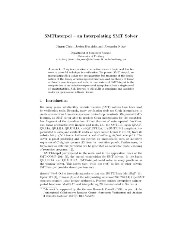 (PDF) SMTInterpol An interpolating SMT solver Jochen Hoenicke