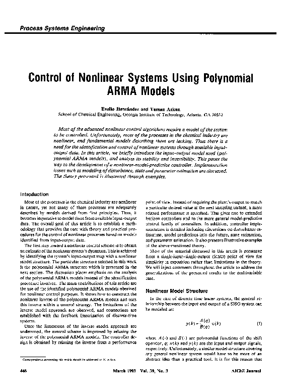 (PDF) Control of nonlinear systems using polynomial ARMA models