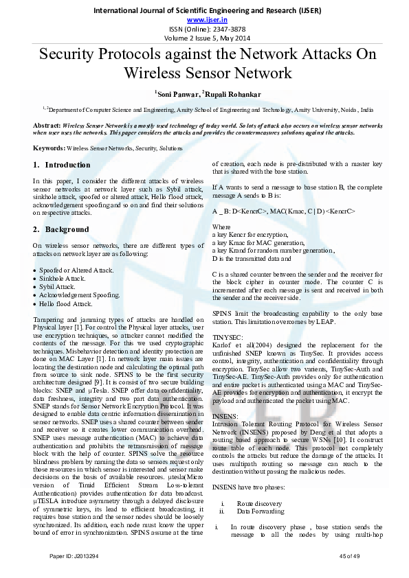 (PDF) Security Protocols against the Network Attacks On Wireless Sensor ...