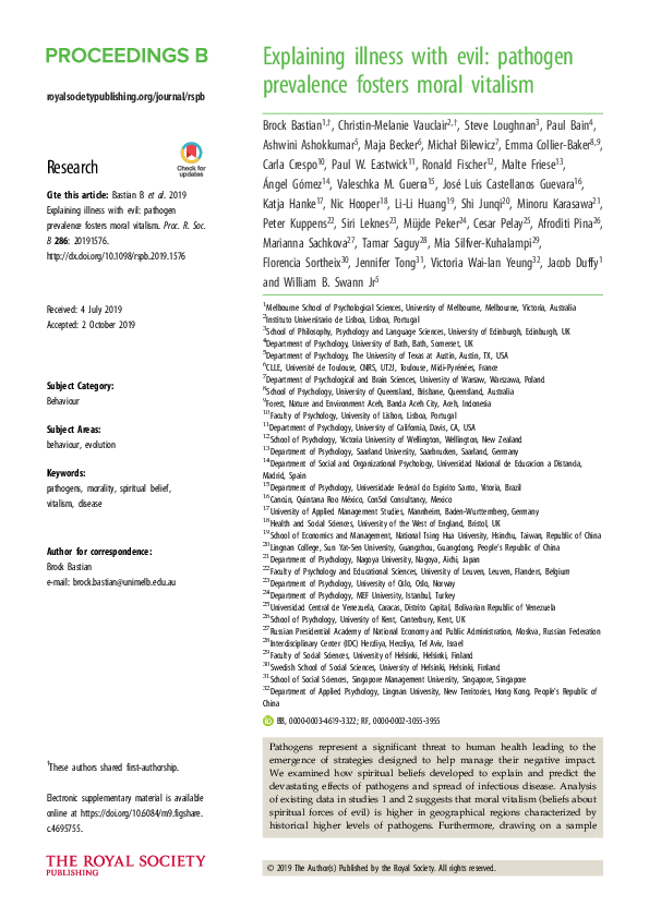 (PDF) Explaining illness with evil: pathogen prevalence fosters moral ...