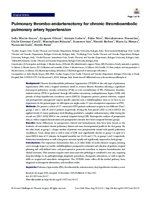 (PDF) Pulmonary thromboendarterectomy for chronic thromboembolic
