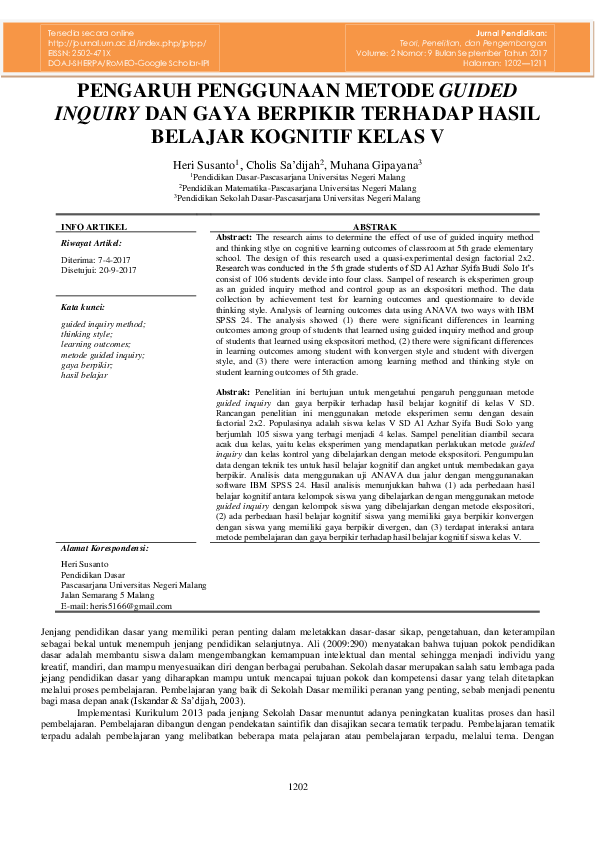 (PDF) PENGARUH PENGGUNAAN METODE GUIDED INQUIRY DAN GAYA BERPIKIR ...