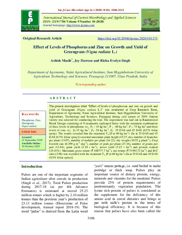 (PDF) Effect of Levels of Phosphorus and Zinc on Growth and Yield of ...