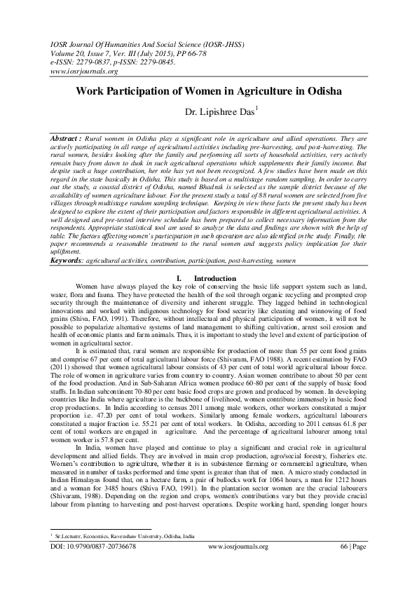 (PDF) Work Participation of Women in Agriculture in Odisha