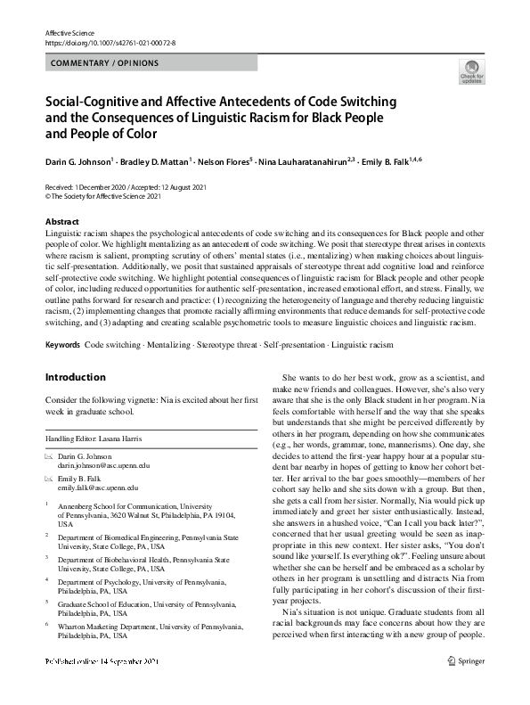 (PDF) Social-Cognitive and Affective Antecedents of Code Switching and ...