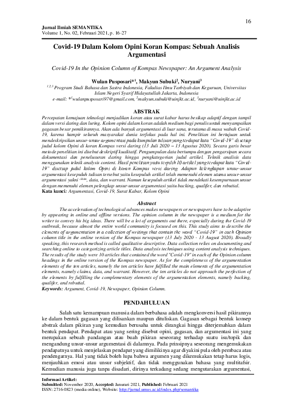 (PDF) Covid-19 Dalam Kolom Opini Koran Kompas: Sebuah Analisis