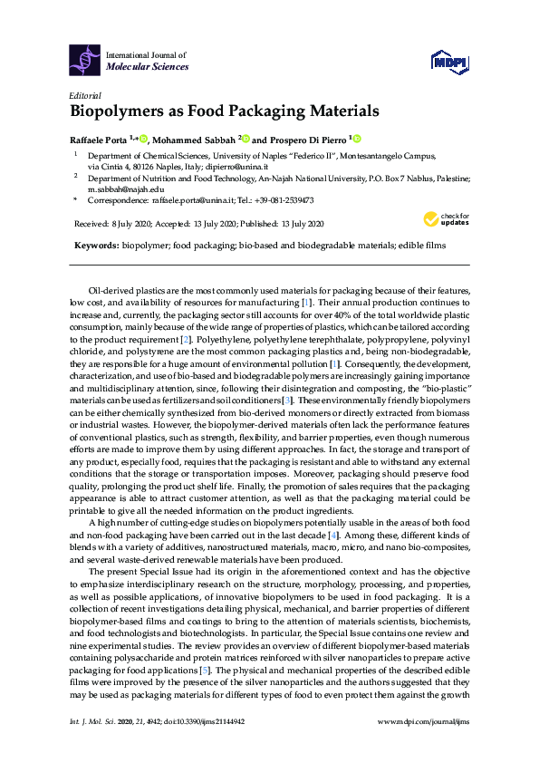 (PDF) Biopolymers as Food Packaging Materials
