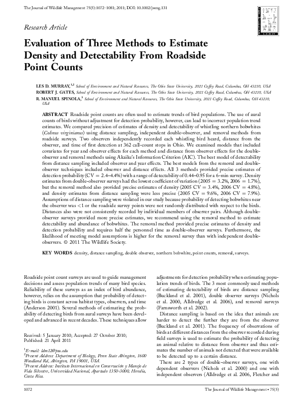 (PDF) Evaluation of three methods to estimate density and detectability ...