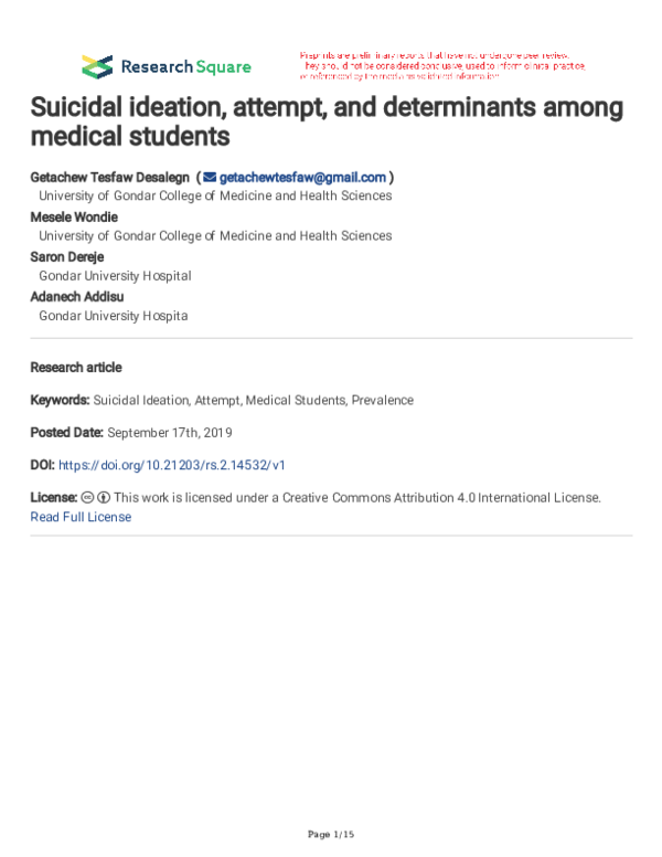 (PDF) Suicidal ideation, attempt, and determinants among medical students