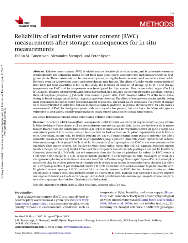 (PDF) Reliability of leaf relative water content (RWC) measurements ...