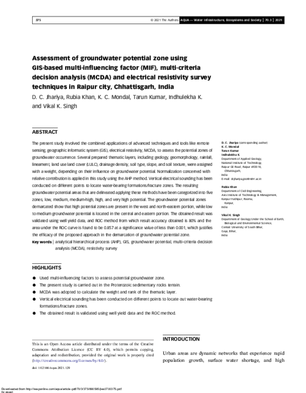 (PDF) Assessment of the groundwater potential zone using GIS techniques ...