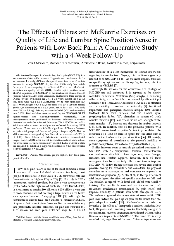 (PDF) The Effects of Pilates and McKenzie Exercises on Quality of Life ...