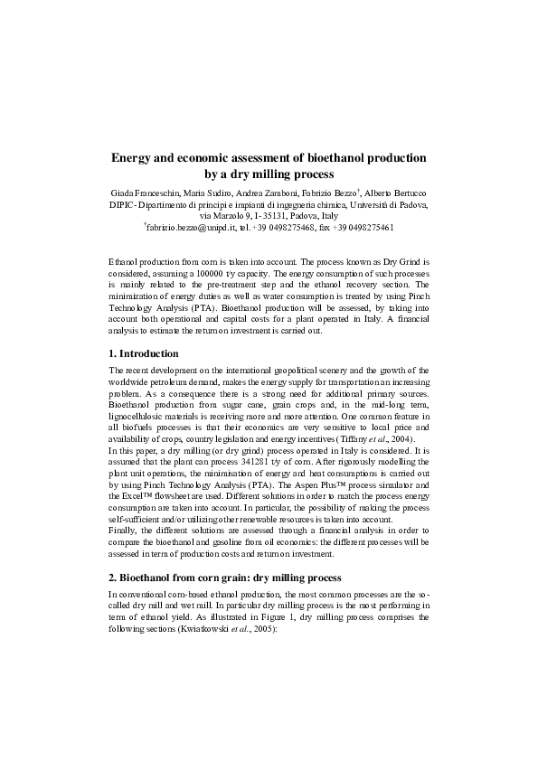 (PDF) Energy and economic assessment of bioethanol production by a dry ...