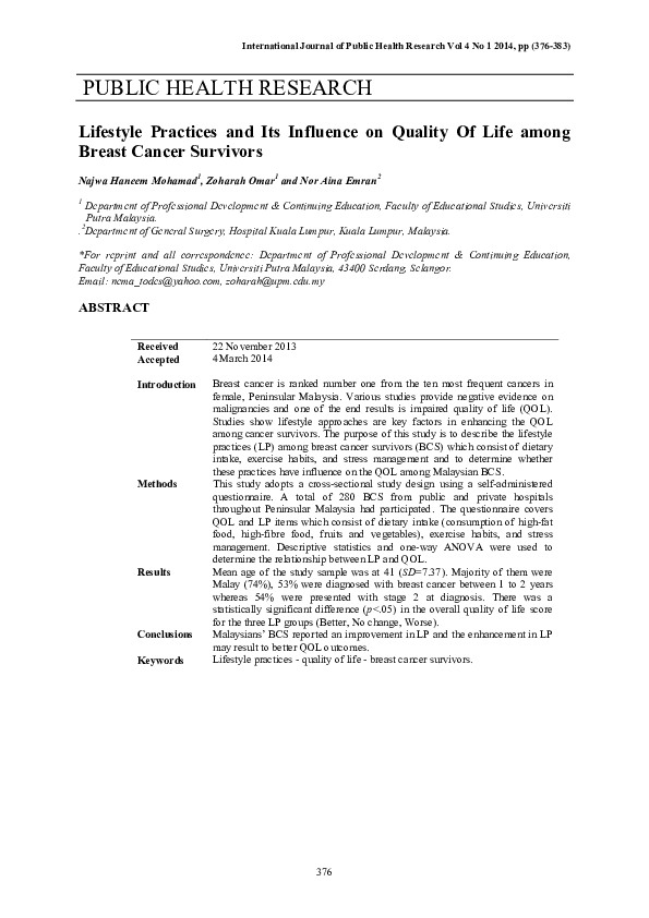 (PDF) Lifestyle Practices and Its Influence on Quality Of Life ...