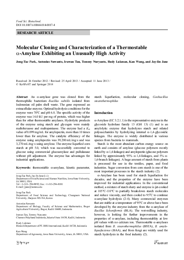 (PDF) Molecular Cloning and Characterization of a Thermostable α ...
