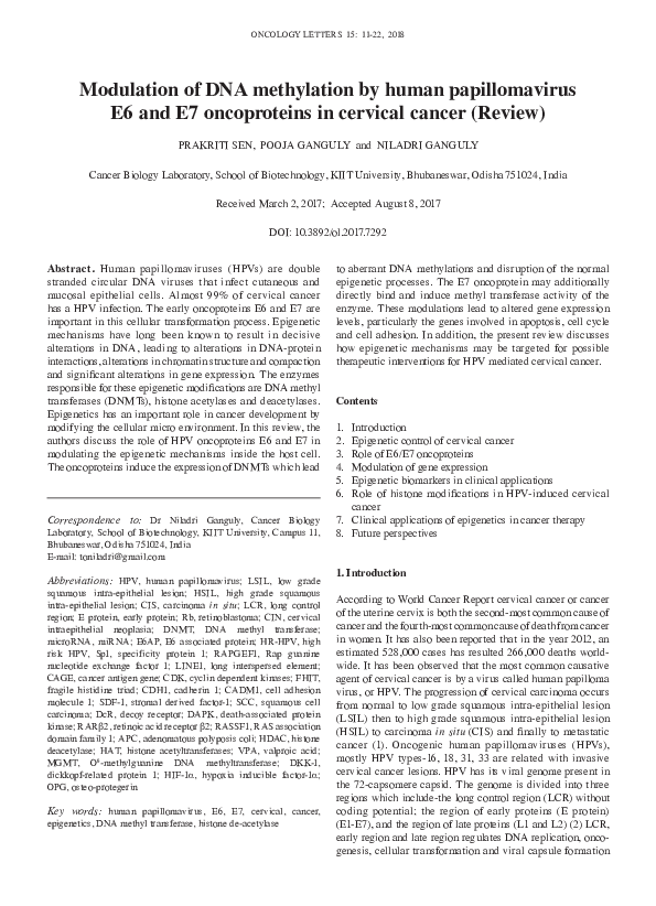 (PDF) Modulation of DNA methylation by human papillomavirus E6 and E7 ...