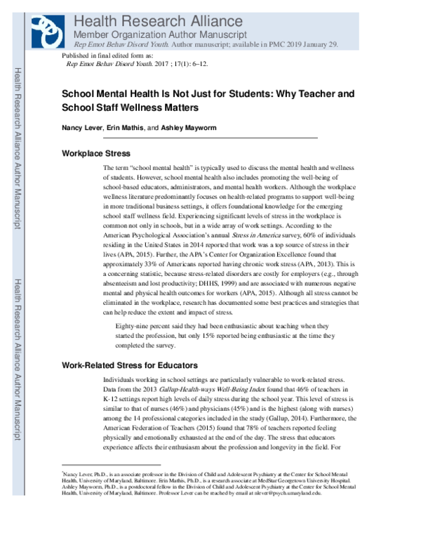 (PDF) School Mental Health Is Not Just for Students: Why Teacher and ...
