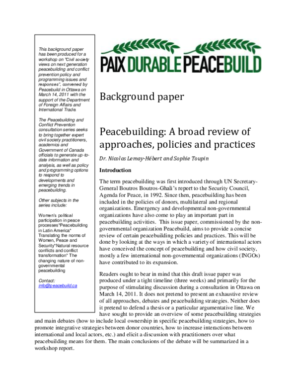 (PDF) Peacebuilding: A broad review of approaches, policies and practices