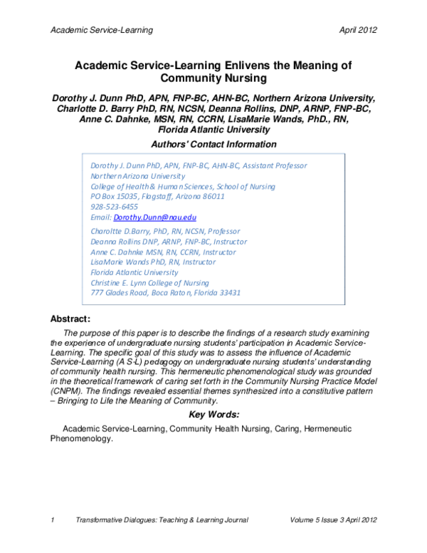 (PDF) Academic Service-Learning Enlivens the Meaning of Community Nursing