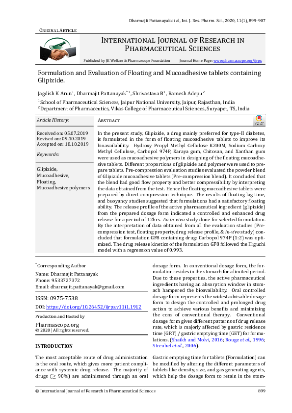 (PDF) Formulation and Evaluation of Floating and Mucoadhesive tablets ...