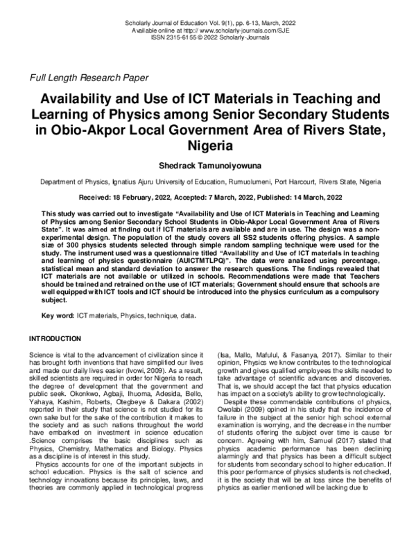 (PDF) Availability and Use of ICT Materials in Teaching and Learning of ...
