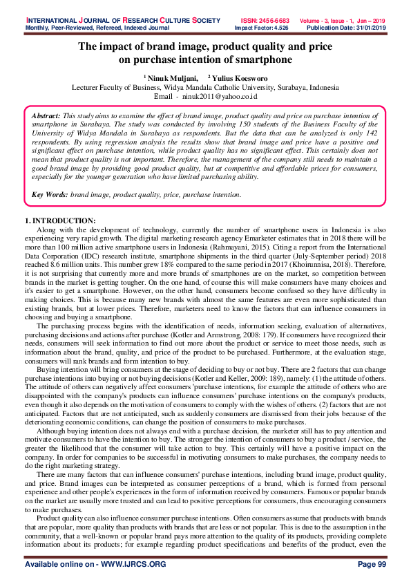 (PDF) The impact of brand image, product quality and price on purchase ...
