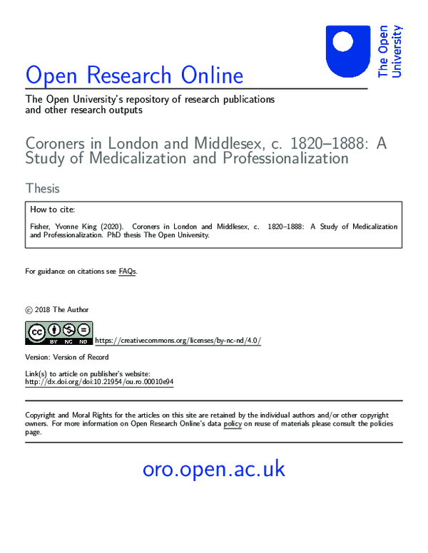 Coroners in London and Middlesex, c. 1820–1888: A Study of Medicalization and Professionalization