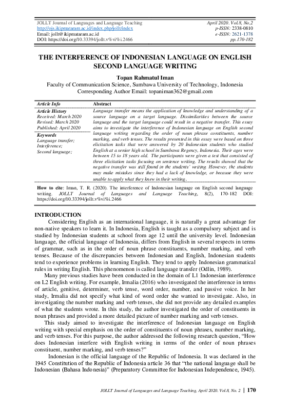 (PDF) The Interference of Indonesian on English Second Language Writing
