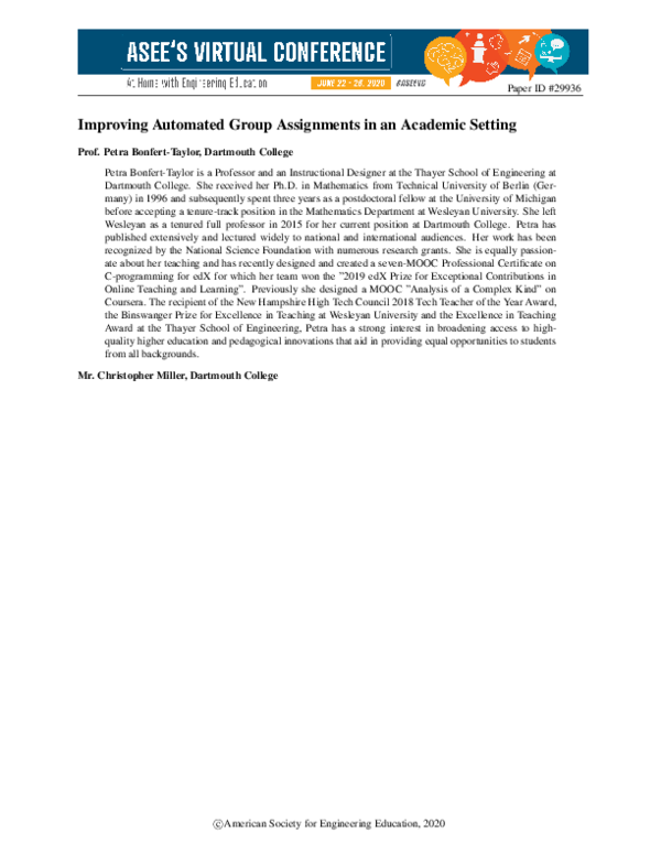 (PDF) Improving Automated Group Assignments in an Academic Setting