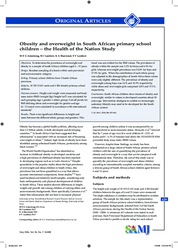 (PDF) Obesity and overweight in South African primary school children ...
