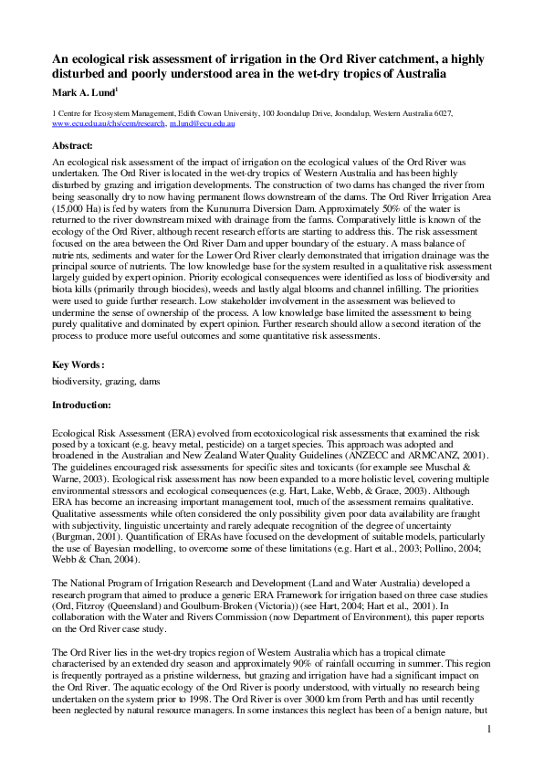 (PDF) An Ecological Risk Assessment of Irrigation in the Ord River ...