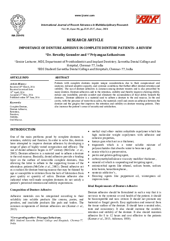 (PDF) Importance of Denture Adhesive in Complete Denture PatientsA Review 1 Priyangaa