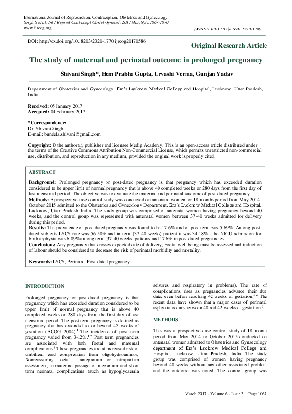 (PDF) The study of maternal and perinatal outcome in prolonged pregnancy