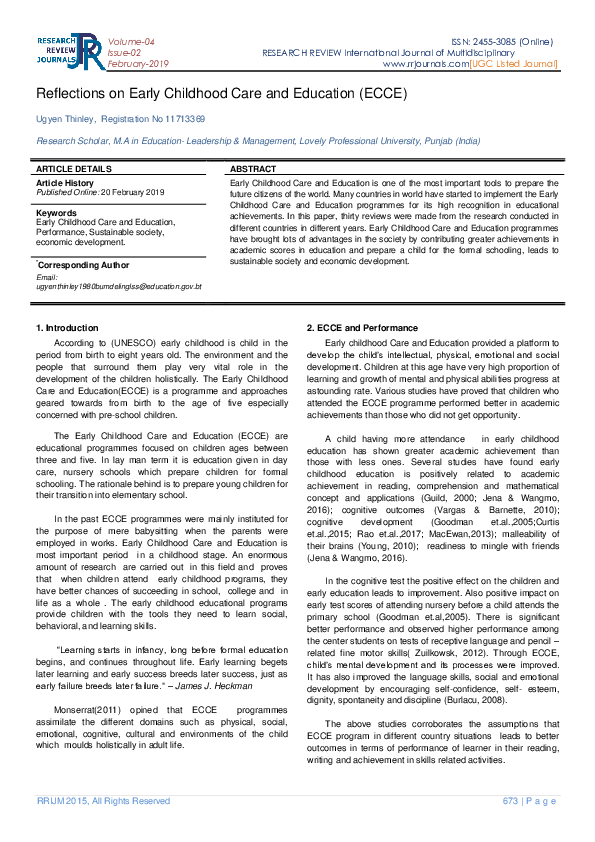 (PDF) Reflections on Early Childhood Care and Education (ECCE)