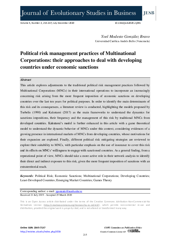 (PDF) Political risk management practices of Multinational Corporations ...