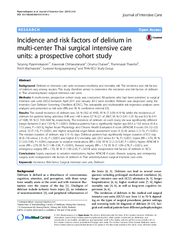 (PDF) Incidence and risk factors of delirium in multi-center Thai ...