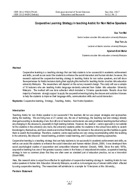 (PDF) Cooperative Learning Strategy in teaching Arabic for Non Native ...