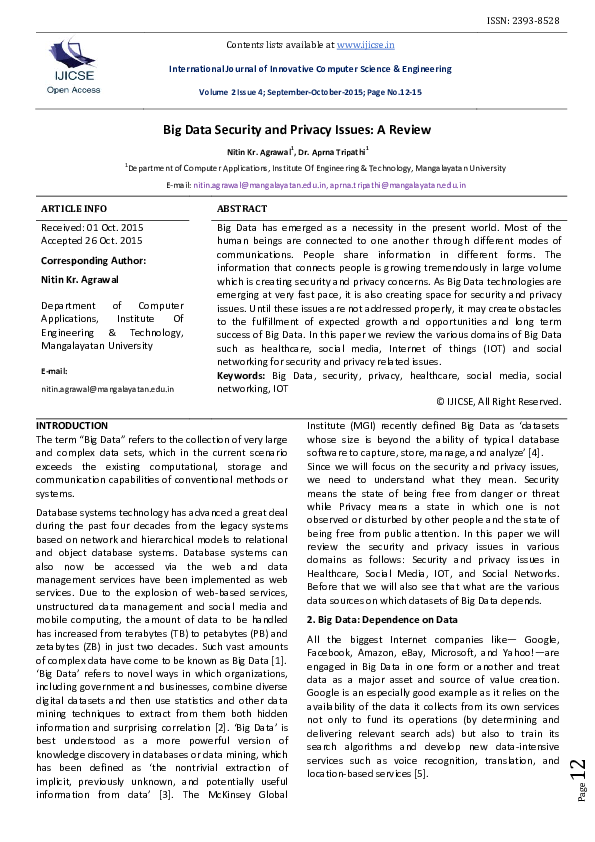 (PDF) Big Data Security and Privacy Issues: A Review