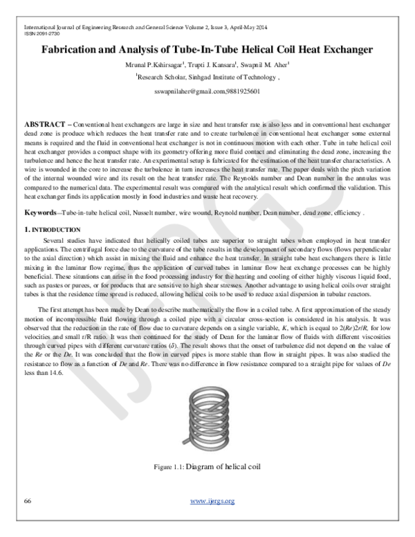 (PDF) Fabrication and Analysis of Tube-In-Tube Helical Coil Heat Exchanger