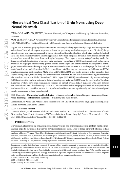 (PDF) Hierarchical Text Classification of Urdu News using Deep Neural ...