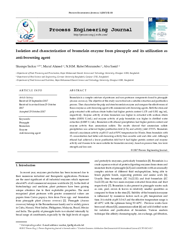 (PDF) Isolation and characterization of bromelain enzyme from pineapple