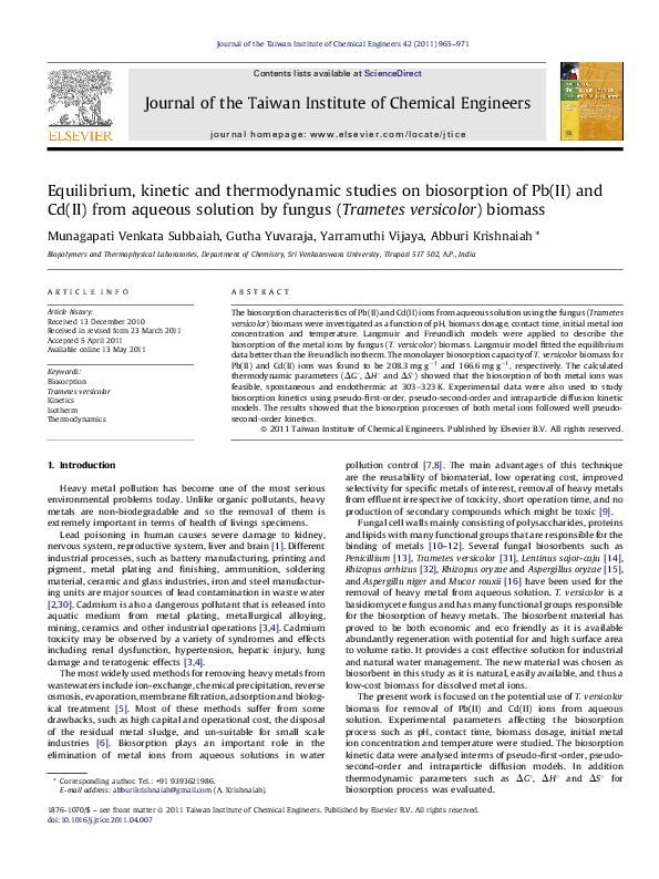 (PDF) Equilibrium, kinetic and thermodynamic studies on biosorption of ...